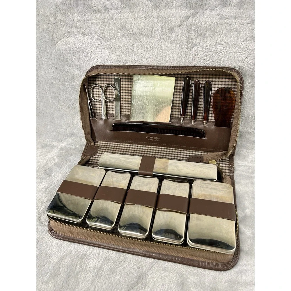 Vintage West Germany Leather Manicure Travel Grooming Kit‎ Zipper Case 1950s